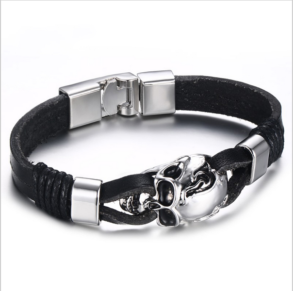 Punk Rock Mens Black Durable Leather Bracelets Gothic Skull Cuff Bangle Stainless Steel Skeleton Pulseiras Masculinas BL-224