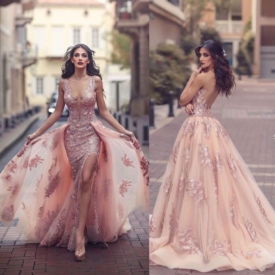 Fashion Split Dresses Evening Wear With Detachable Skirt Sheer Plunging Neck Evening Formal Gowns Mermaid Appliqued Backless Prom Dress