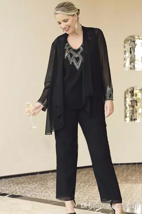 Black Three Pieces Mother Of The Bride Pant Suits V Neck Long Sleeves Jacket Wedding Guest Dress Chiffon Plus Size Beaded Evening Dresses