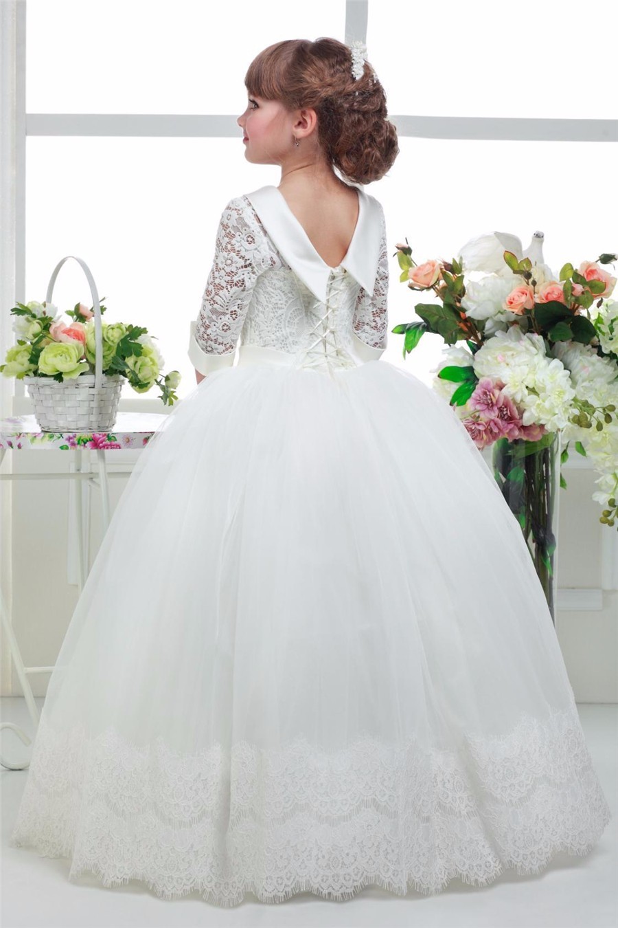 White ivory Flower Girl Dresses Sleeves Special Occasion Gown Girls Pageant Dresses Birthday family party dress