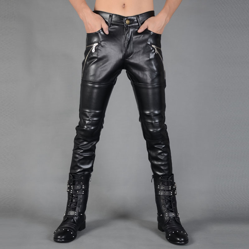 Male Korean Velvet thickening slim fashion leather trousers winter high quality slim special pants men show for singer dancer stage nightclub leather 