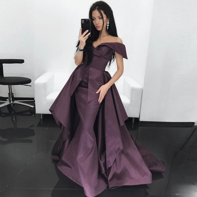 Grape Satin Prom Dresses Sexy Off The Shoulder Mermaid Evening Dresses With Overskirts Sweep Train Arabic Formal Party Dress Vestidos, Fuchsia
Grape Satin Prom Dresses Sexy Off The Shoulder Mermaid Evening Dresses With Overskirts Sweep Train Arabic Formal Party Dress Vestidos, Fuchsia