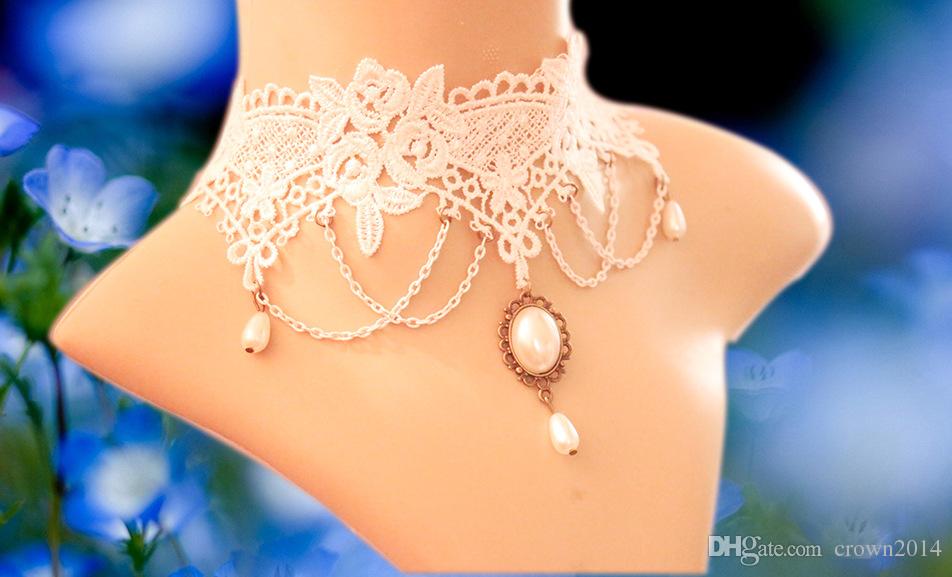 Vintage Handmade White Lace Choker Necklace with Jewelry Short Gothic Collarbone Chokers Necklaces For Wedding