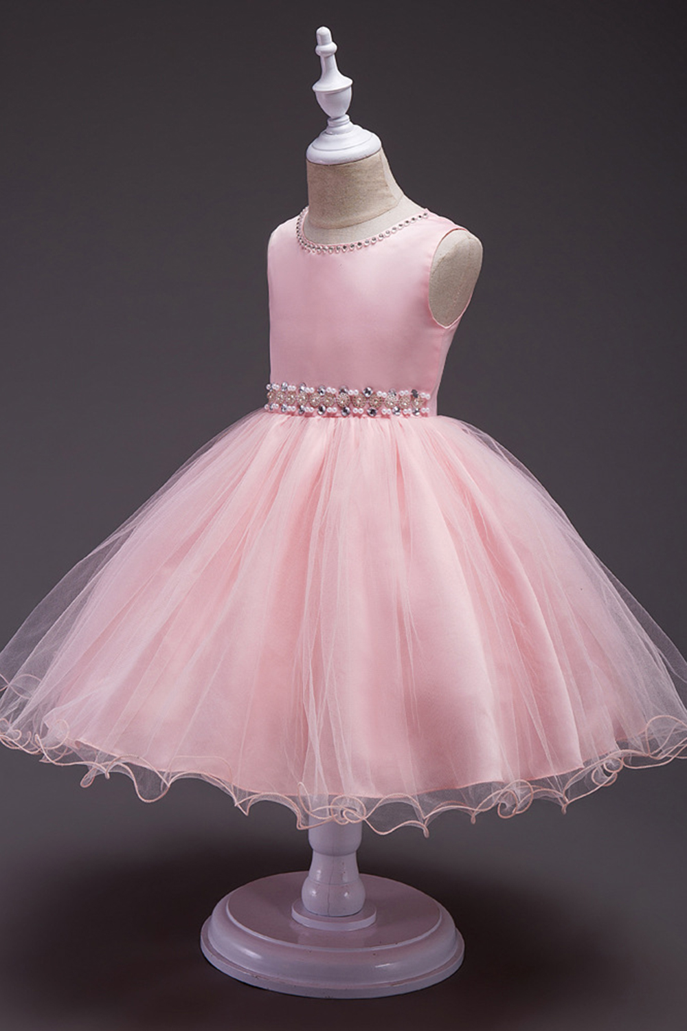 Stock Beaded Crystal Pink Pageant Dresses for Kids Jewel Neck Short First Communion Dresses Wholesale Birthday Party Dresses MC1044