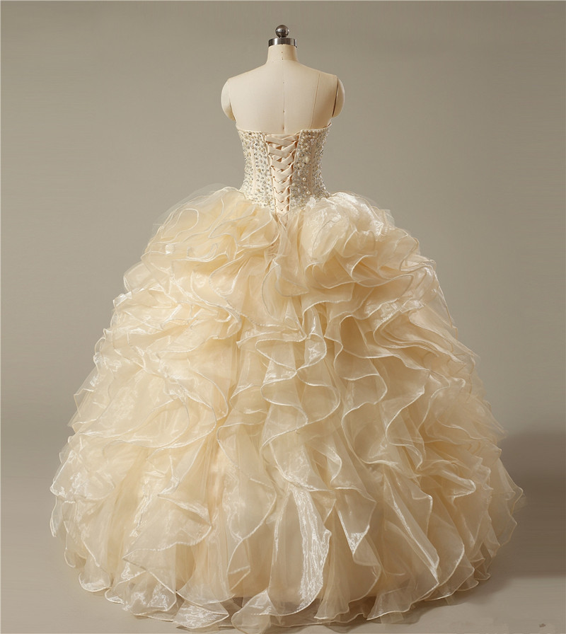 2017 Fashion Pearls Ball Gown Quinceanera Dresses with Beading Sequin Organza Lace Up Sweet 16 Dresses Vestido Debutante Gowns BQ09