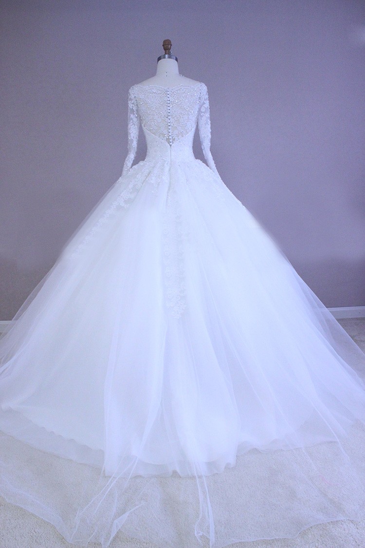 White Ivory Plus Size Wedding Dress Illusion Long Sleeve Sheer Neck Beaded Lace Applique Muslim Vestido De Noiva Ball Gown Real Photo