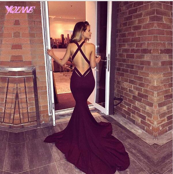 2023 Sexy Burgundy Mermaid Prom Dresses Criss Cross Backless Long Evening Gown Deep V-Neck Elastic Satin Formal Dress For Women