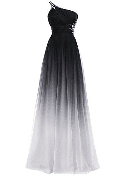 2021 Gradient Chiffon One Shoulder Prom Dresses Beaded Floor-Length Evening Formal Long Special Occasion Party Gown QC438