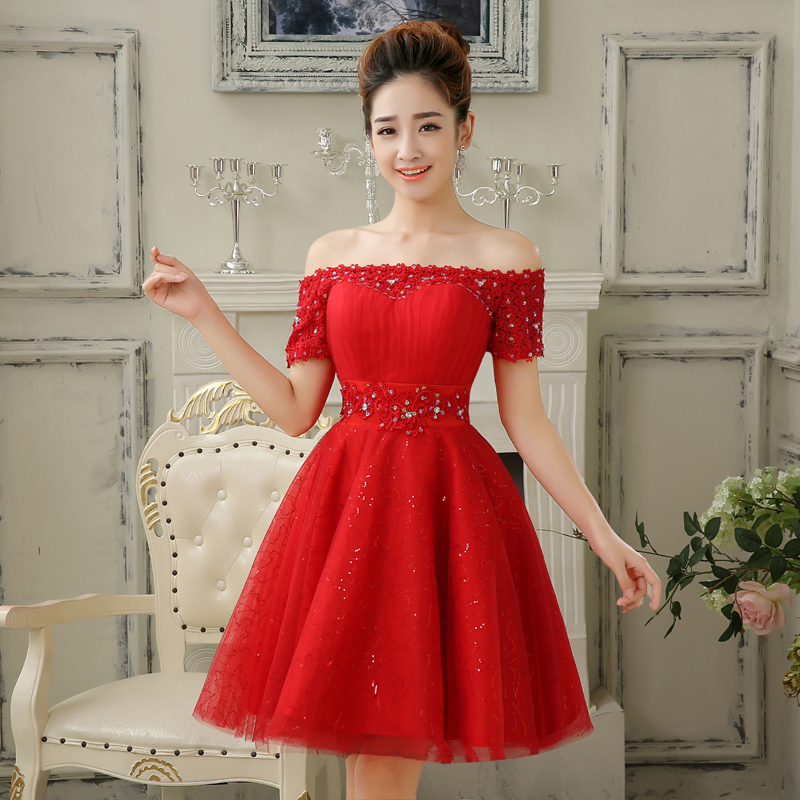 New Red Evening Dresses with Short Sleeve Elegant Girls Women Bride Gown Fashion Off the Shoulder Ball Prom Party Graduation Formal Dress
