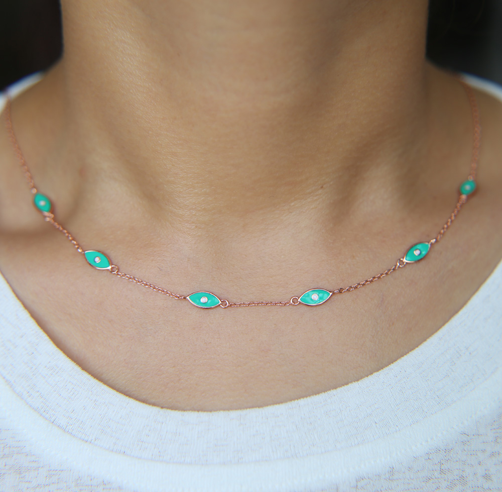 factory fine 925 sterling silver green enemal link chain choker statement jewelry evil eye silver women dainty necklace