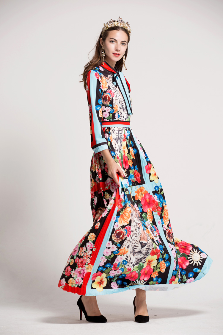 Women's O Neck Long Sleeves Bow Detailing Floral Printed Striped Pleated Elegant Maxi Runway Dresses