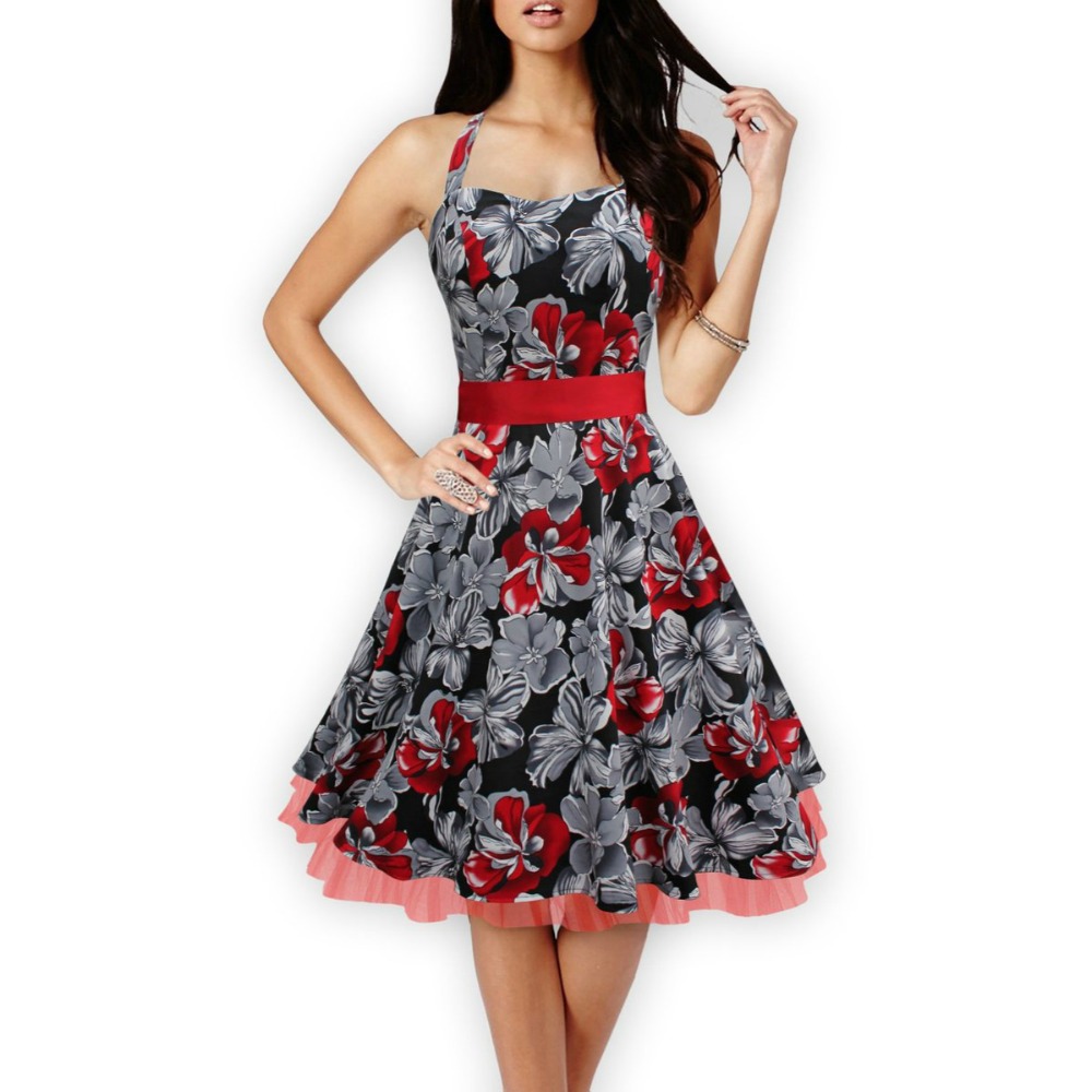 Wholesale- Audrey Hepburn vintage Halter Neck belt big swing floral dress women sexy party cocktail 50s 60s dresses robe vestidos de fiesta