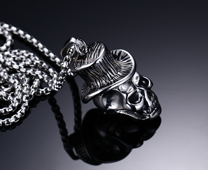 Men's Skull Wind Hat Gentleman Rock & Roll Cowboy Pendant Necklace Stainless Steel Vintage Punk Halloween Jewelry with 24inch PN-146