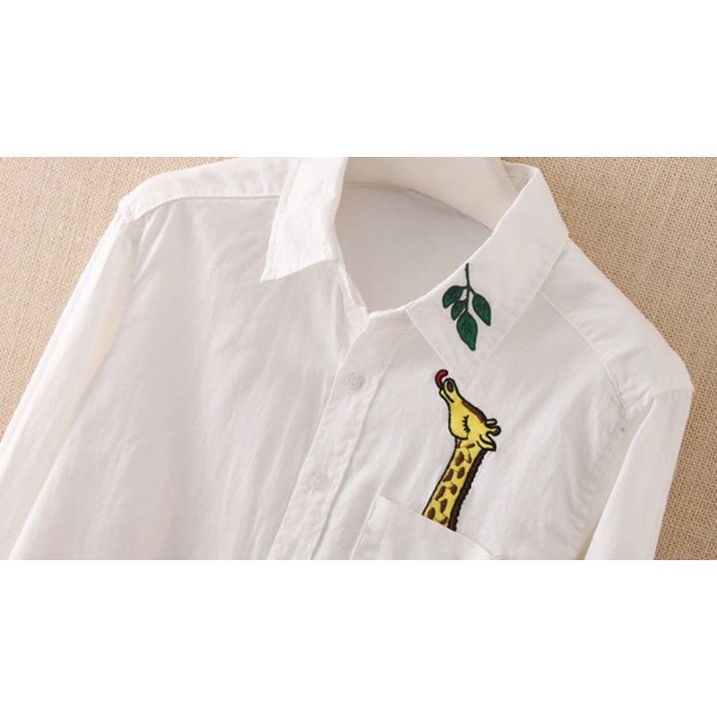 Japanese Cotton Casual Blouse Female Turn-down Collar Long-sleeve White Tops Women Embroidery Giraffe Leaves Shirt female tops