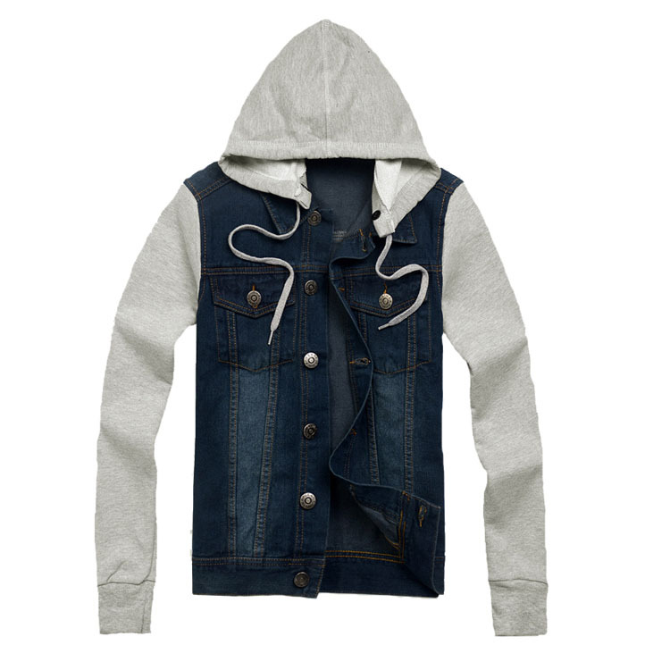 Wholesale- Free shipping New Arrive Autumn men 's jacket denim hooded jacket jean sweatshirt sleeve denim jacket High quality