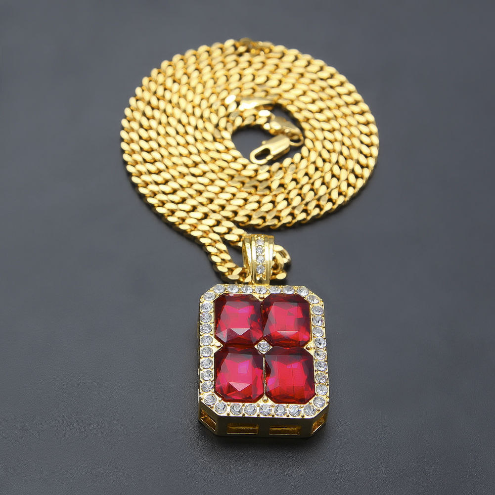 New Blue Red Black Ruby CZ Crystal Pendant Necklace Hip Hop Necklace Gold Plated Cuban Chain Silver Gold Men's Jewelry