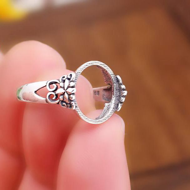 Sterling Silver 925 Oval Cabochon 10.6x12.6mm Semi Mount Engagement Wedding Ring Fine Silver Antique Charm Jewelry