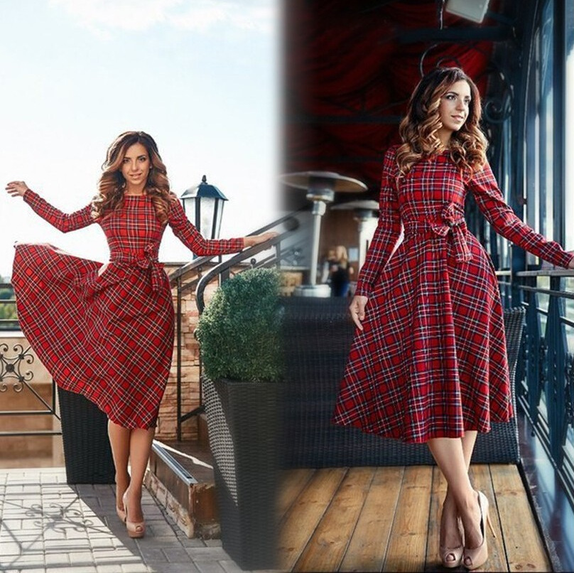 Wholesale- 2017 new autumn red plaid long sleeve womenBow casual dresses, As pic 
Wholesale- 2017 new autumn red plaid long sleeve womenBow casual dresses, As pic