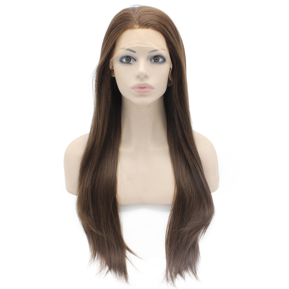 24" Long Brown Wig Silky Straight Half Hand Tied Heat Resistant Synthetic Fiber Lace Front Fashion Wig, Dark brown 
24" Long Brown Wig Silky Straight Half Hand Tied Heat Resistant Synthetic Fiber Lace Front Fashion Wig, Dark brown