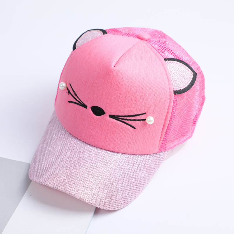 New Women Cat Baseball Cap With Cute Cat Ears Curved Brim Snapback Hat Cat Face Pearl Cotton Caps Outdoor Mesh Hats