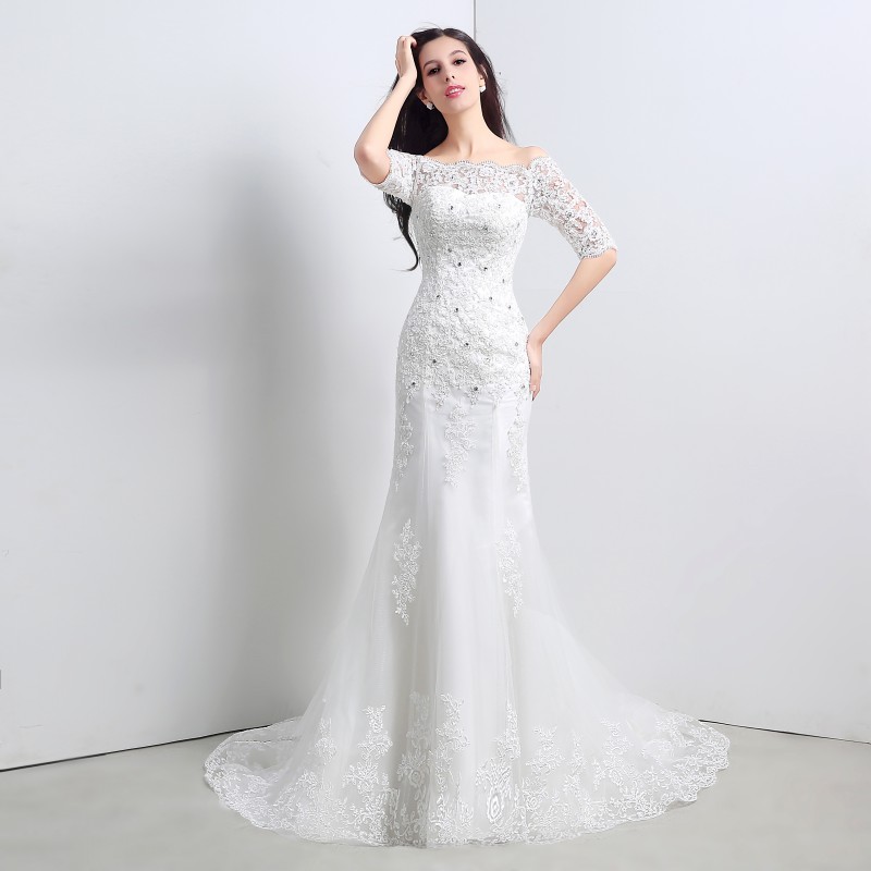 New Sexy White Cheap Mermaid Wedding Dresses 2017 Appliques Lace Up Wedding Party Bridal Gowns Stock Size 6-16 QC335
