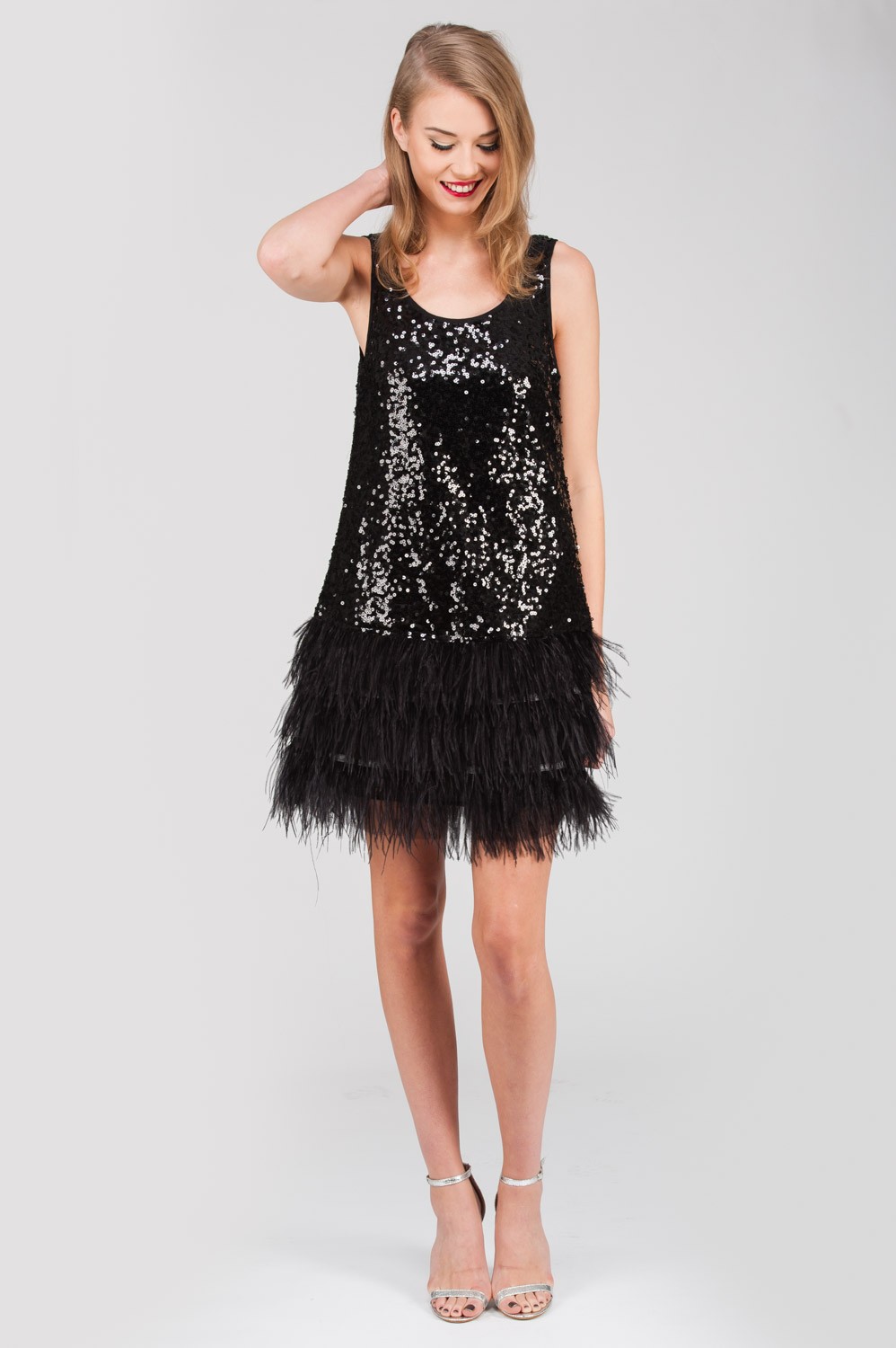 Fashion Little Black Feather Sequined Bodycon Dress Short Cocktail Party Dresses Scoop Neck Mini Formal Prom Gowns Real Photo