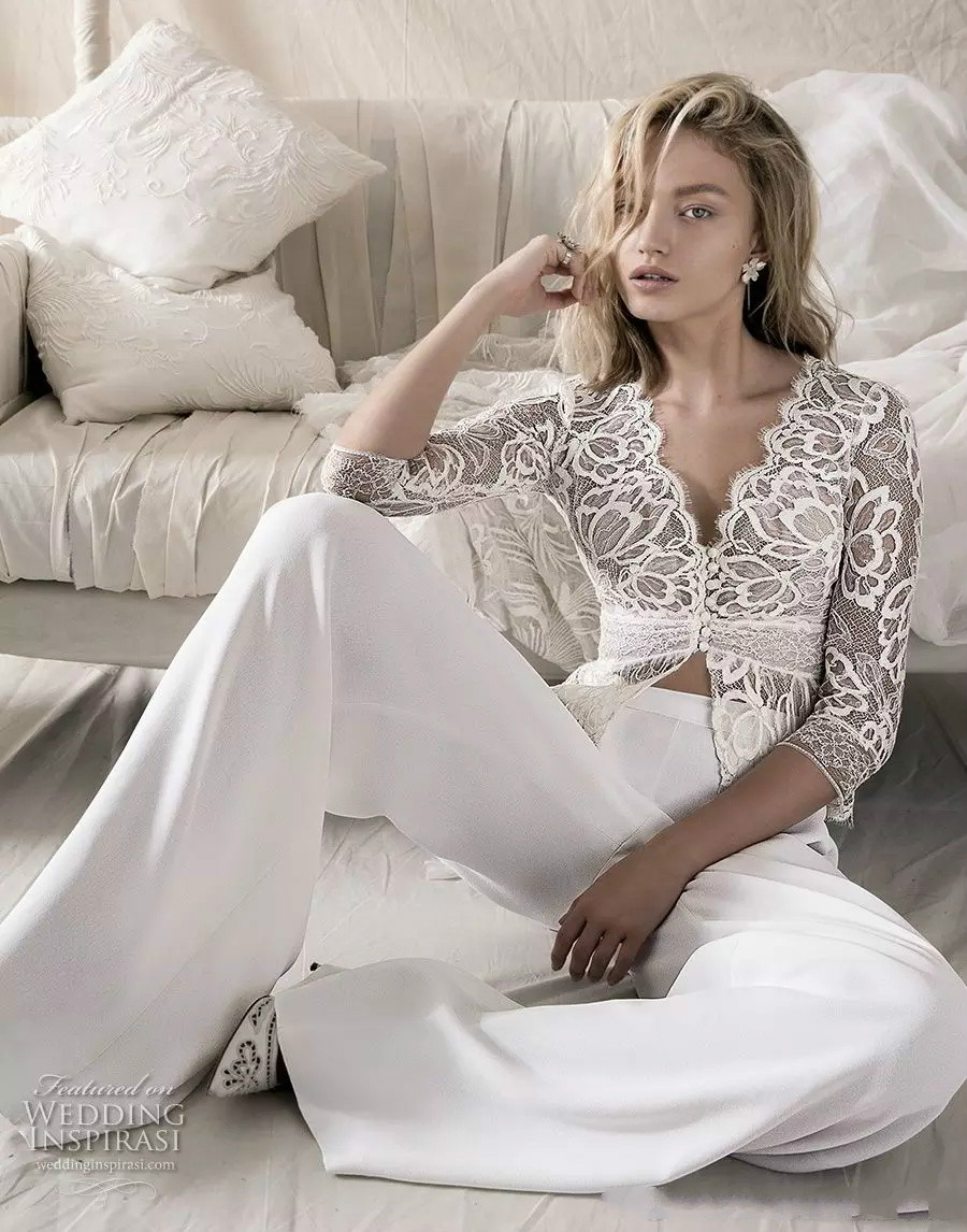 Three Pieces Pants Wedding Dresses With Detachable Overskirts Lace Applique 3/4 Long Sleeve Wedding Dress Deep V Neck Illusion Bridal Gown
