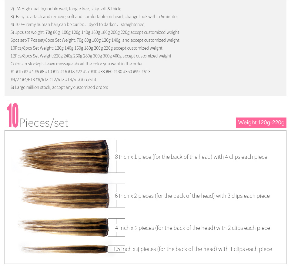 16"-26" 10pcs set 120g-300g Clips in/on 100% Brazilian Remy Human Hair Extension Full Head Natural Straight