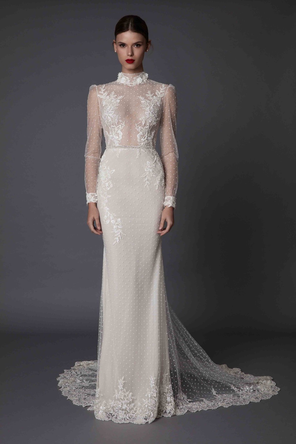 Long Berta Mermaid Sleeve Wedding Dresses Lace Applique High Neck Beads Hollow Back Sexy Illusion Fishtail Bridal Gowns