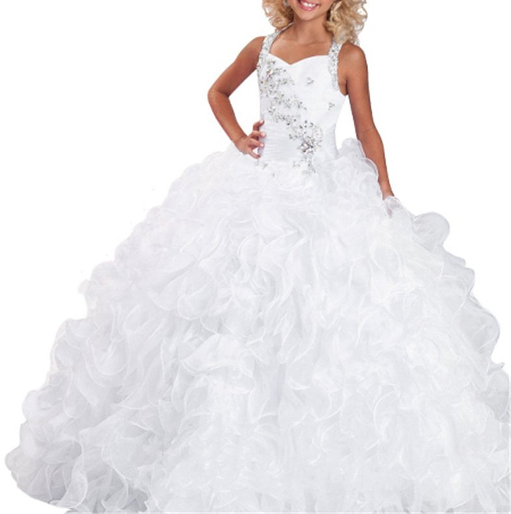 Flower Girls Wedding Party Ball Gowns Kids Firts Holy Communion White Gowns Children Halter Pageant Dress