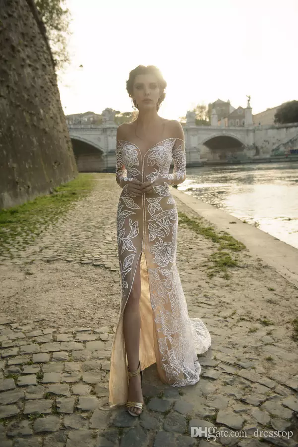 Julie Vino Beach Wedding Dresses Mermaid Sheer Off Shoulder Long Sleeves Illusion Bodice Tulle Split Bridal Gowns With Long Train