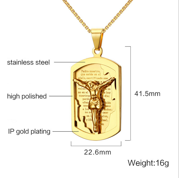 Jesus Necklace Pendant Spanish Bible Gold Plated Stainless Steel Men Jewelry PN-655