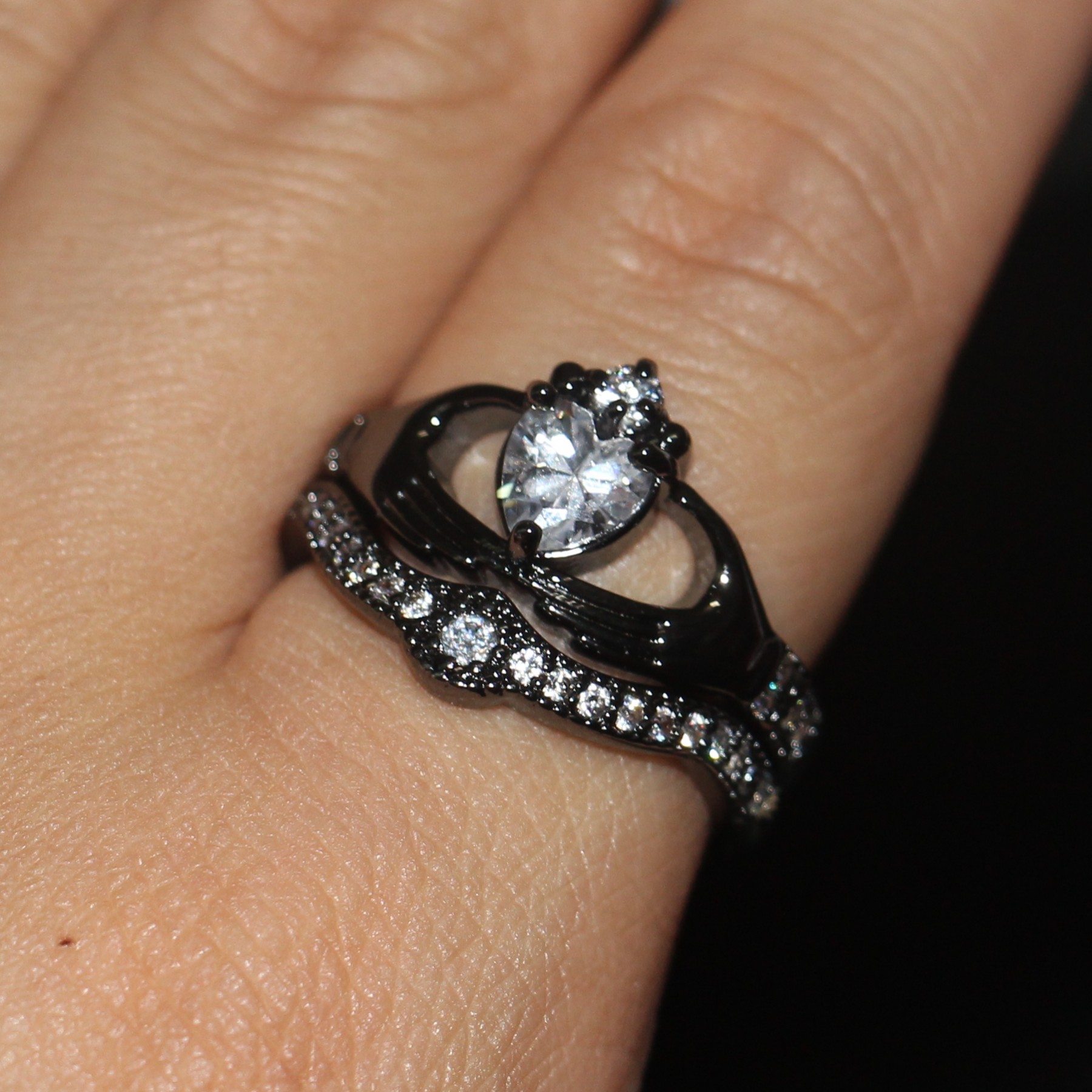 Exquisite 10K Black Gold Filled Heart Topaz Wedding Bridal Claddagh Ring Set for Women, Sizes 5-11