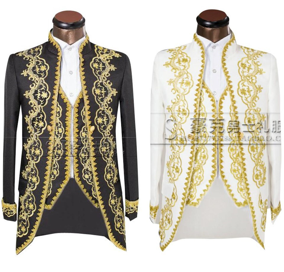 Wholesale- ( Jacket + pants + vest )Gold 2016 Fashion Men suits Slim Fit Tailcoat Groom wedding Prom Dress Suit Embroidered Male For Tuxedo