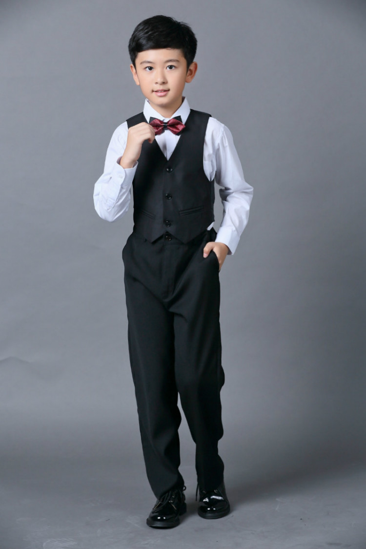 Cheap Boys Suits For Weddings Black Boy Suit Five Piece Suit Formal Party Bow Tie Pants Vest Shirt Kids Wedding Suits Free Shipping In Stock
