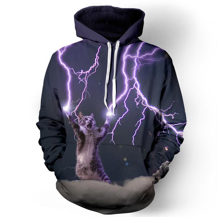 Free ship thunderbolt cats Men's Hoodies Sweatshirts purple stars digital printing loose large size couple hooded sweater men MH031 Mens Hoodie S