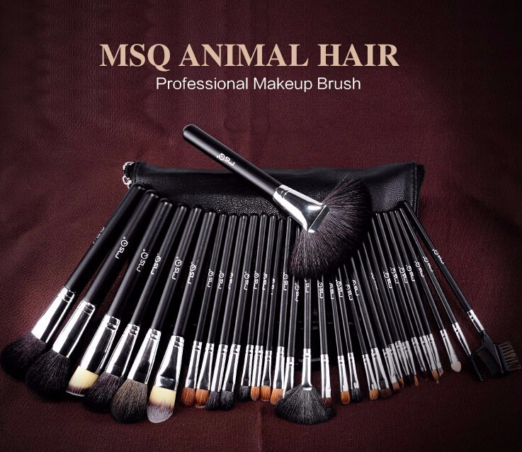 Professional Makeup Animal Hair Wool Cosmetic Brush Set 32pcs Cosmetic Brush and PU Waist Pack Makeup Brush Bag Tools