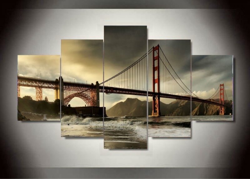 5Panel Modern Beautiful Golden Gate Bridge Oil Painting on Canvas for Living Room Wall Art Gift Decoration Home No Frame