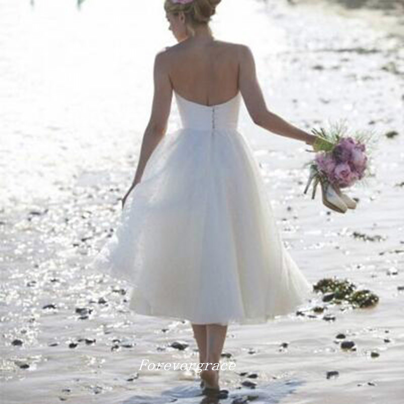 Boho Short Strapless Summer Beach Wedding Dress High Quality Tea Length Backless Women Bridal Gown Plus Size