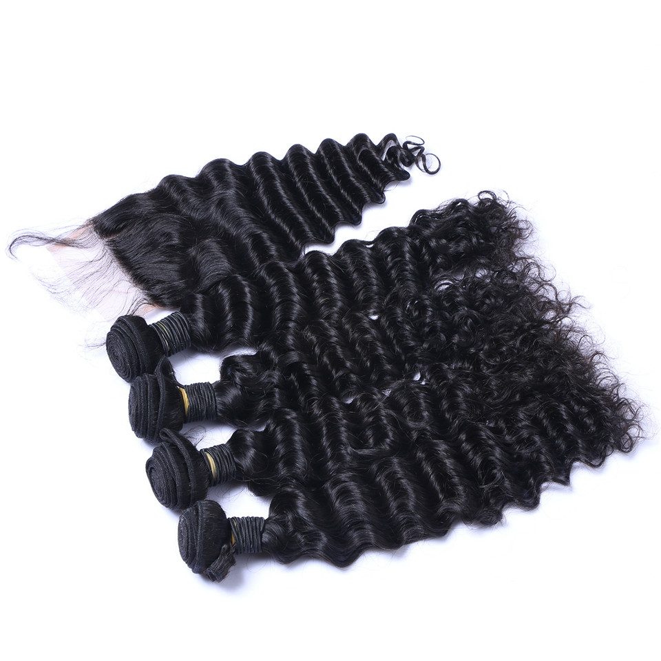 Brazilian Deep Wave Curly Hair 3 Bundles with Closure Free Middle 3 Part Double Weft Human Hair Extensions Dyeable Human Hair Weave