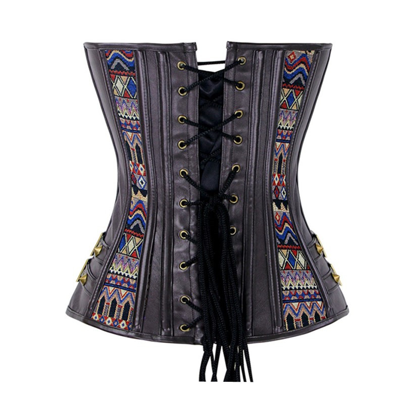 Women Steampunk Bronze Clasp Jacquard Tribal Spiral Steel Boned Overbust Gothic Corset with Side Leather with Buckles Trim and Rivets Detail