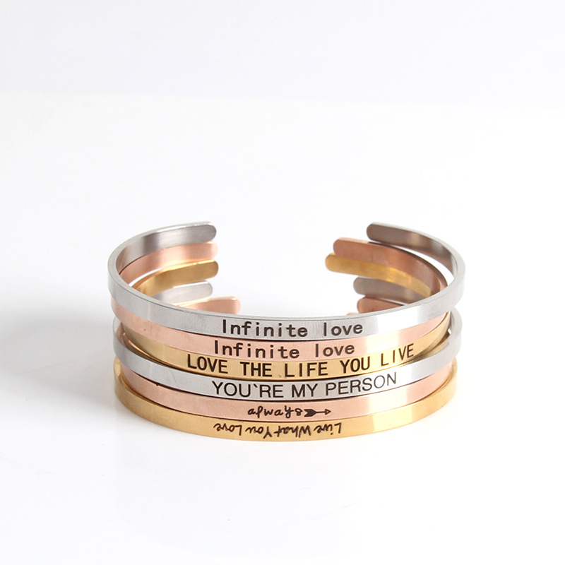 100pcs mixed style inspirational bangle silver color Positive quotes Engraved Skinny hand Cuff Stacking Stamped bracelet Bangle BG0049
100pcs mixed style inspirational bangle silver color Positive quotes Engraved Skinny hand Cuff Stacking Stamped bracelet Bangle BG0049