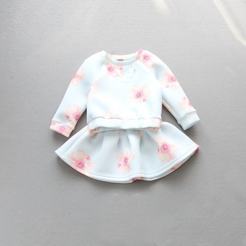 Wholesale- Korean Autumn Kids Clothes Baby Girl Floral Long Sleeve T-shirt + Skirt Fashion Girls 2 Pcs Set Children Clothing