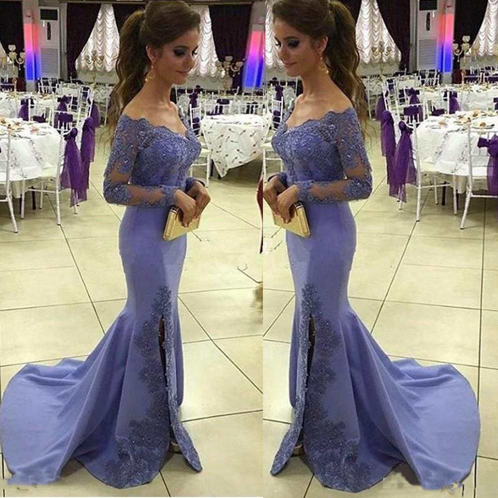 Mermaid Prom Lavenda Style Portrait Long Sleeves Evening Dresses with Applique Side Split Sweep Train Custom Made Formal Party Gowns