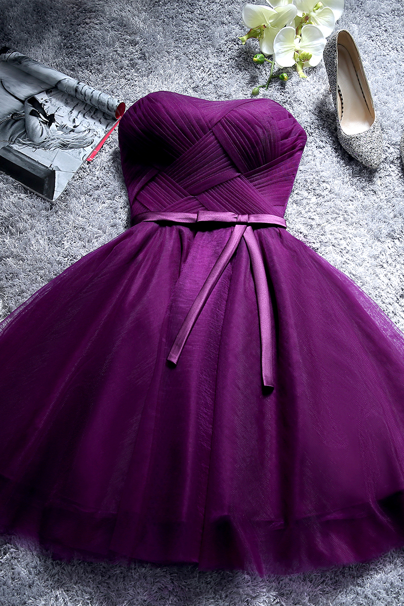 Purple Bridesmaid Dresses Knee-Length Strapless Lace-up Back Light Gray Pleats Tulle Wedding Party Dress Cheap Summer Style