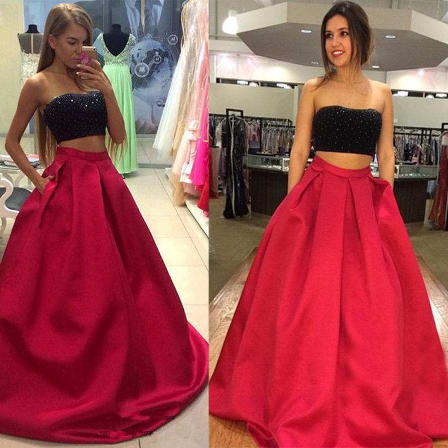 Two-Piece Strapless Sleeveless A-line Modest Prom Dress Crystals Black and Red Satin Evening Dress vestidos de festa longo, Silver
Two-Piece Strapless Sleeveless A-line Modest Prom Dress Crystals Black and Red Satin Evening Dress vestidos de festa longo, Silver