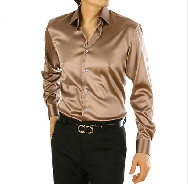 Wholesale- Hot Pure Men Shirt Fashion Korea Silk Shirt Satin Mens Long Sleeve Camisa Hombre Couples Shirt Wedding Dress