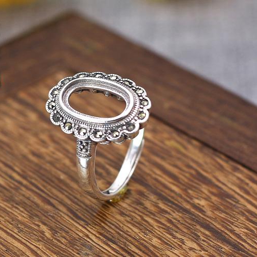 7x12mm Oval Cabochon Semi Mount Ring 925 Sterling Silver Art Nouveau Vintage Fine Silver Ring Setting