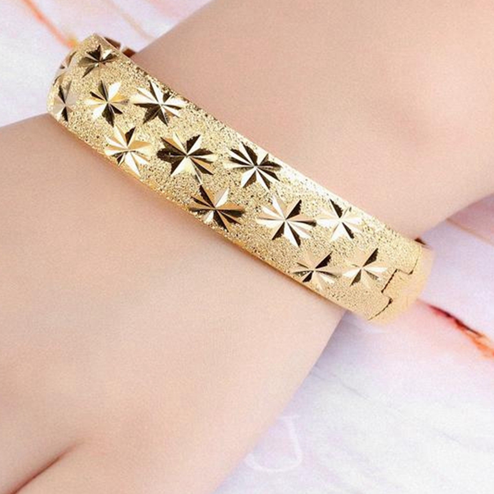 Thick Wedding Bangle 18K Yellow Gold Filled Womens Bangle Bracelet Carved Star Solid Jewelry Diameter 6cm,15mm Wide