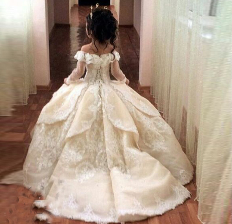 Princess Ball Gown Wer Girl Long Sleeve Appliques First Communion Soft Tulle Lace Up Back Pageant Dresses 329 6660311
